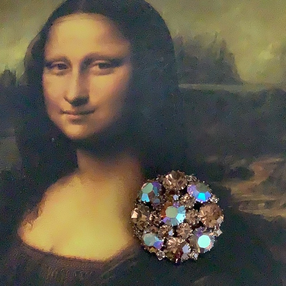 WEISS Aurora Borealis Brown Rhinestone Dome Pin